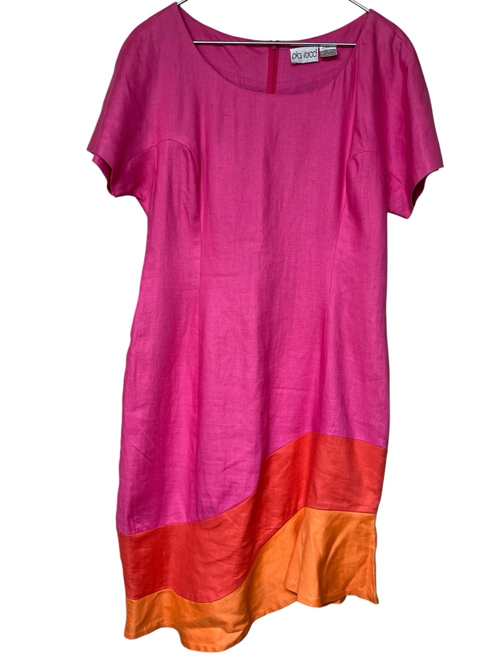 Pia Rucci vintage pink & orange colorblock linen short sleeve ruffle hem dress